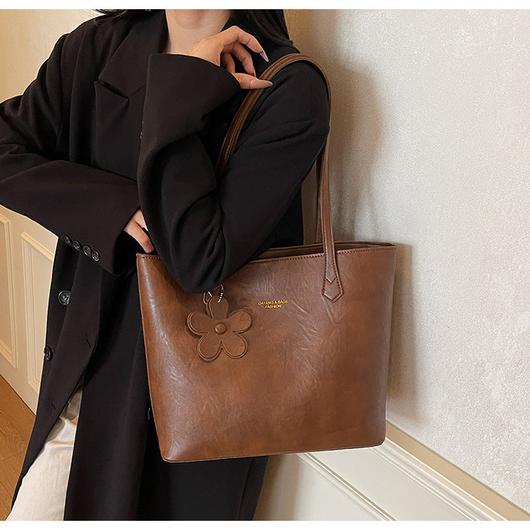 Solid Color Square PU Leather Tote Bag For Women With Sewing Thread Detail And Single Shoulder Strap