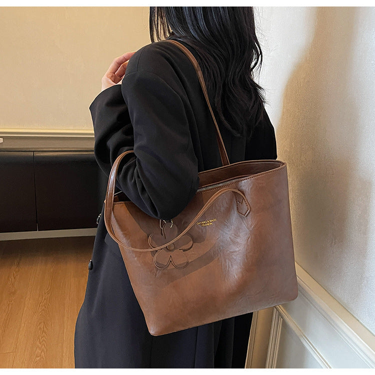 Solid Color Square PU Leather Tote Bag For Women With Sewing Thread Detail And Single Shoulder Strap