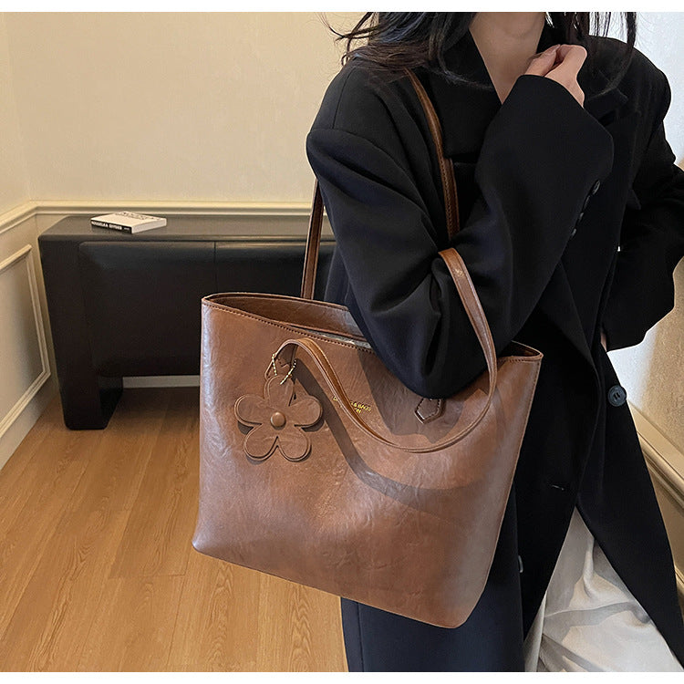 Solid Color Square PU Leather Tote Bag For Women With Sewing Thread Detail And Single Shoulder Strap