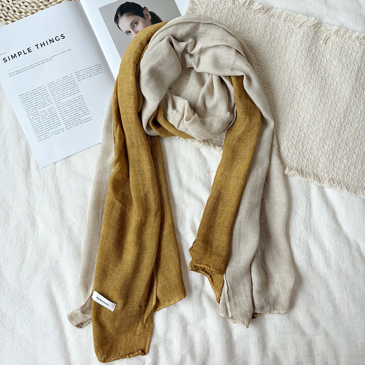 Women’s Color Block Scarf In Coffer Cotton And Linen, Perfect For Autumn & Winter