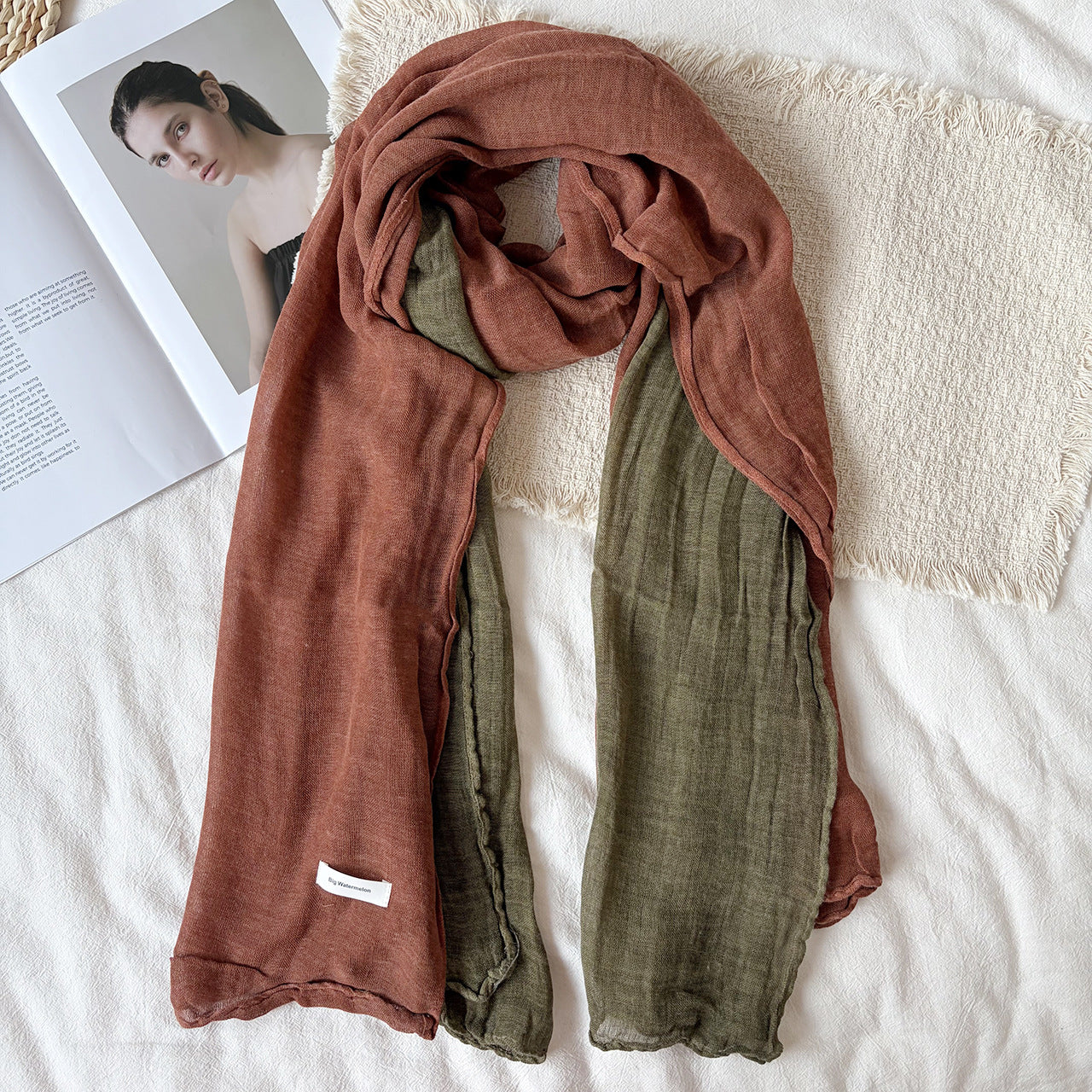 Women’s Color Block Scarf In Coffer Cotton And Linen, Perfect For Autumn & Winter