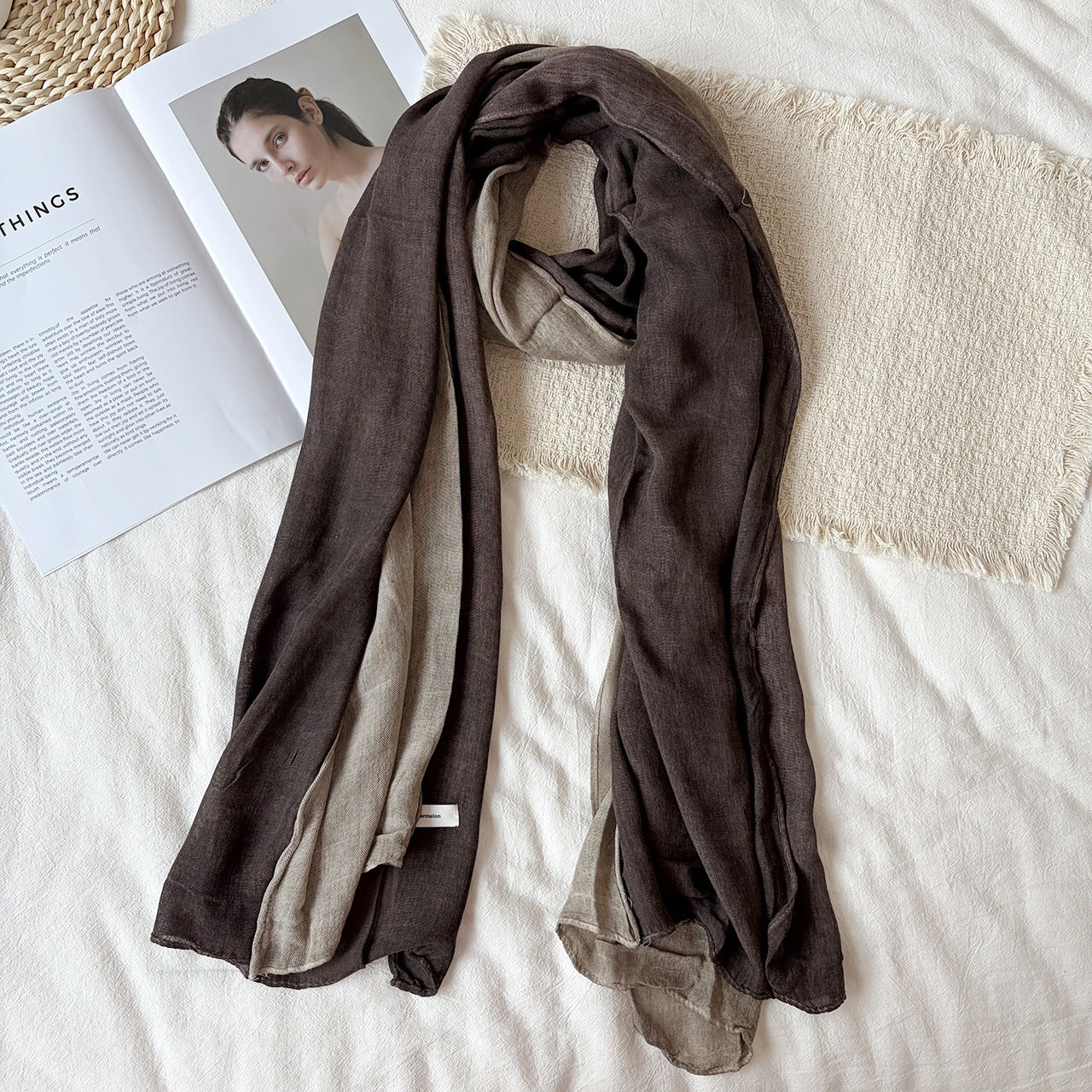 Women’s Color Block Scarf In Coffer Cotton And Linen, Perfect For Autumn & Winter