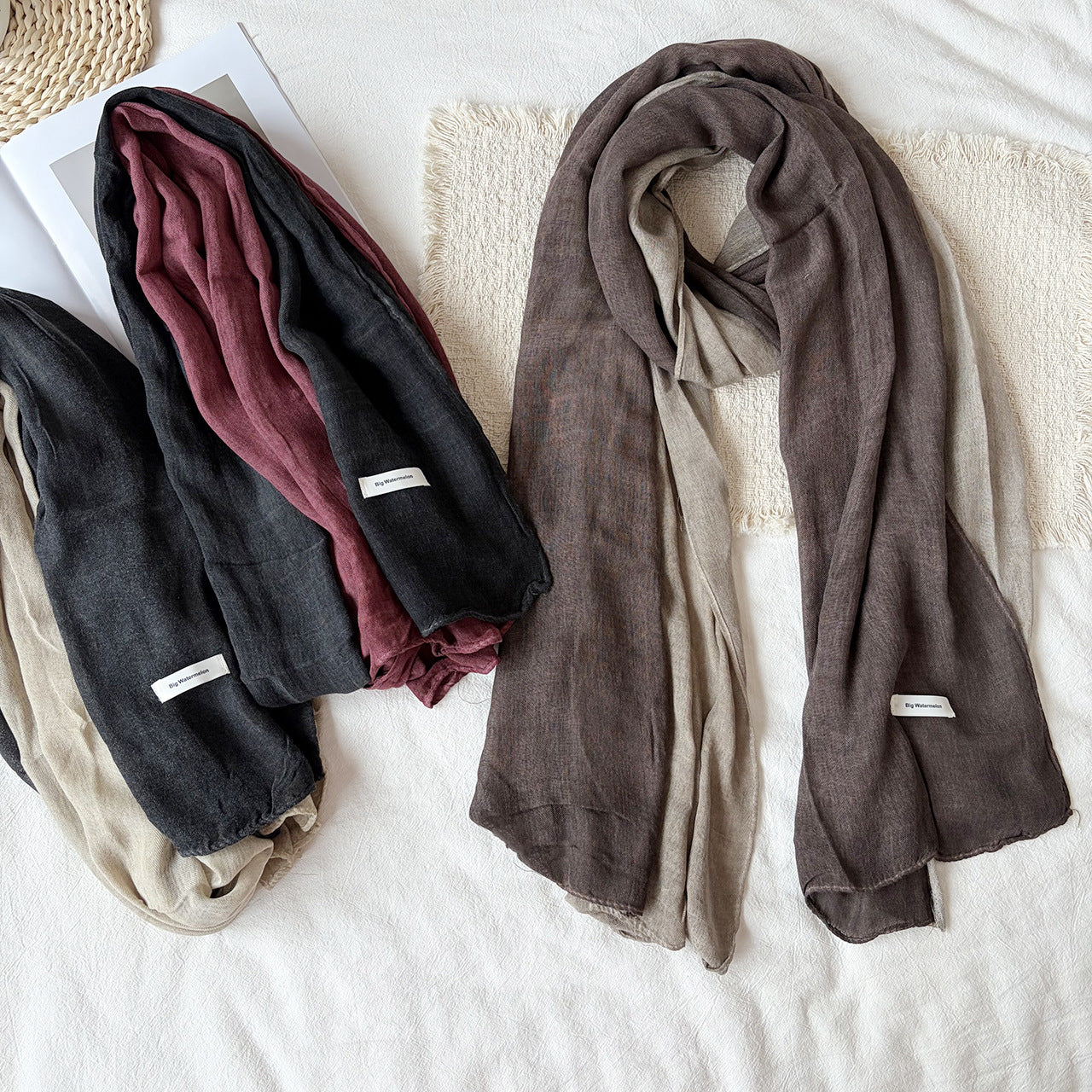 Women’s Color Block Scarf In Coffer Cotton And Linen, Perfect For Autumn & Winter