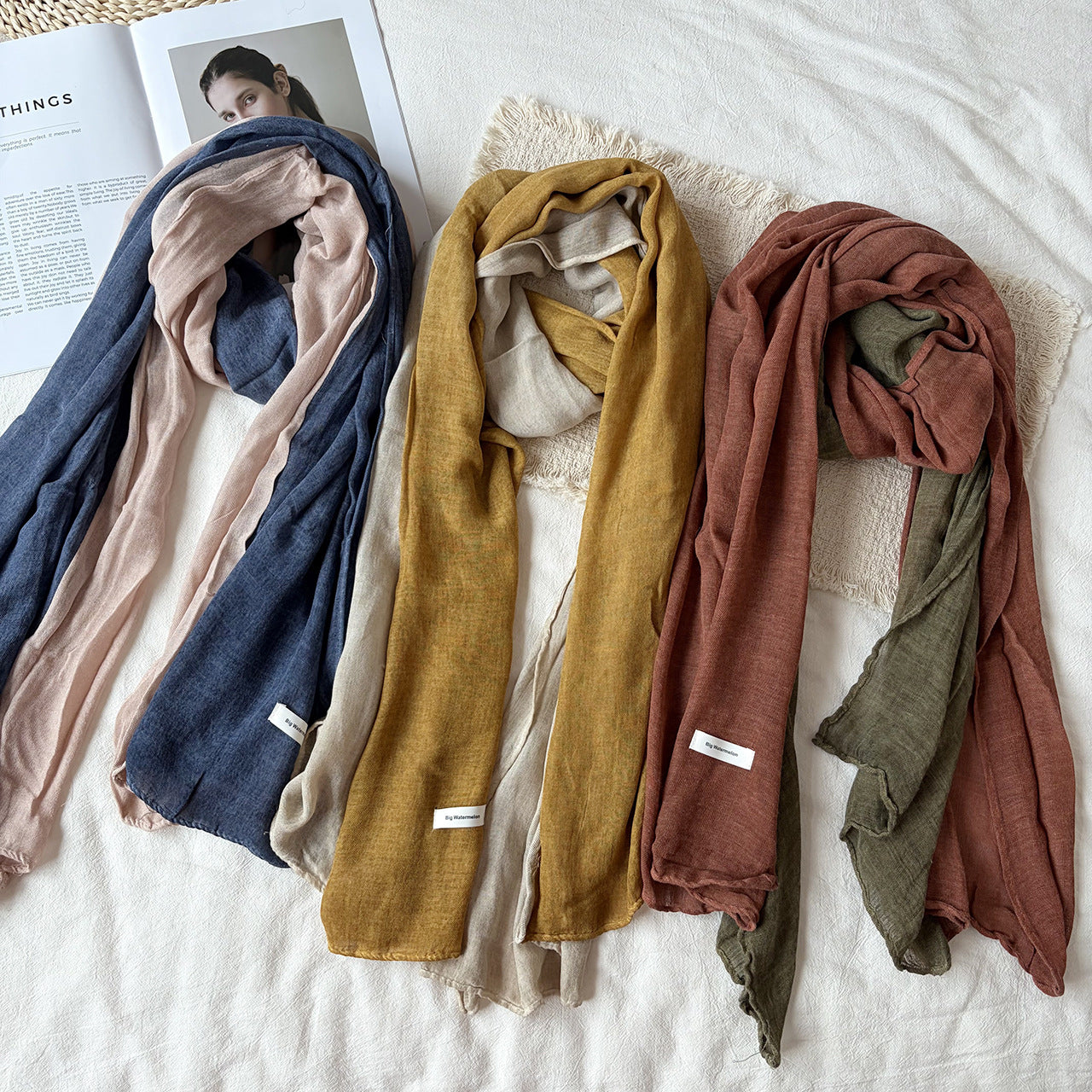 Women’s Color Block Scarf In Coffer Cotton And Linen, Perfect For Autumn & Winter