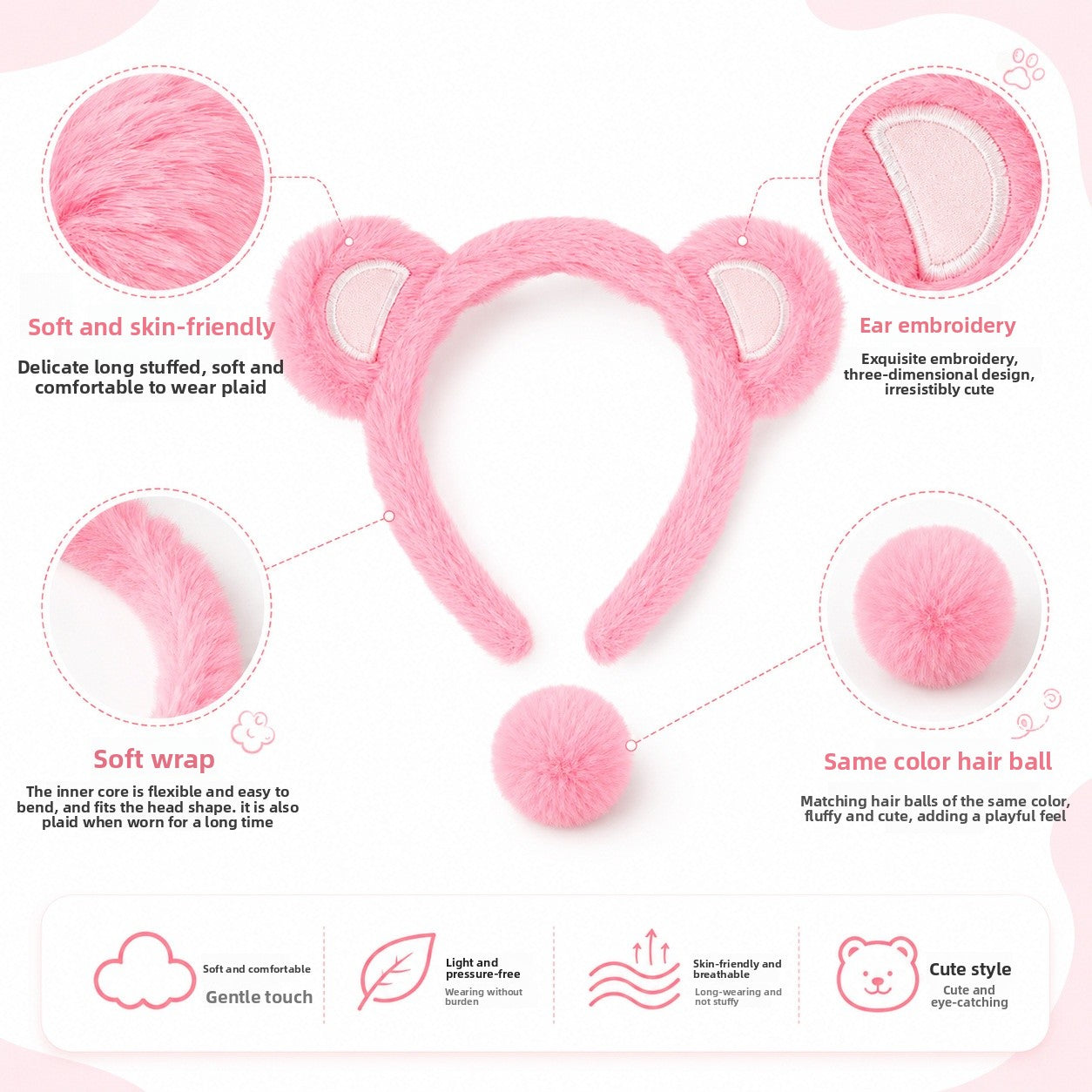 Little Bear Cartoon Style Spa Headband Made Of Cloth, Unisex, Natural Pink, 1 Set