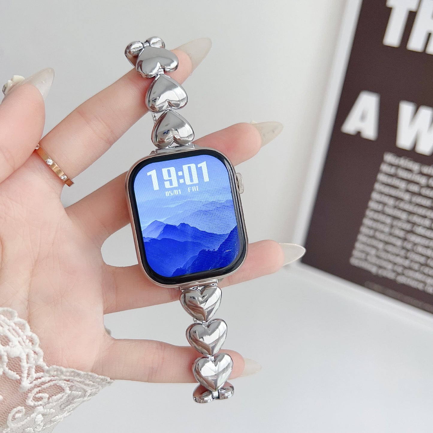 Gold Alloy Heart Shape Watch Strap Compatible With Apple Smartwatches