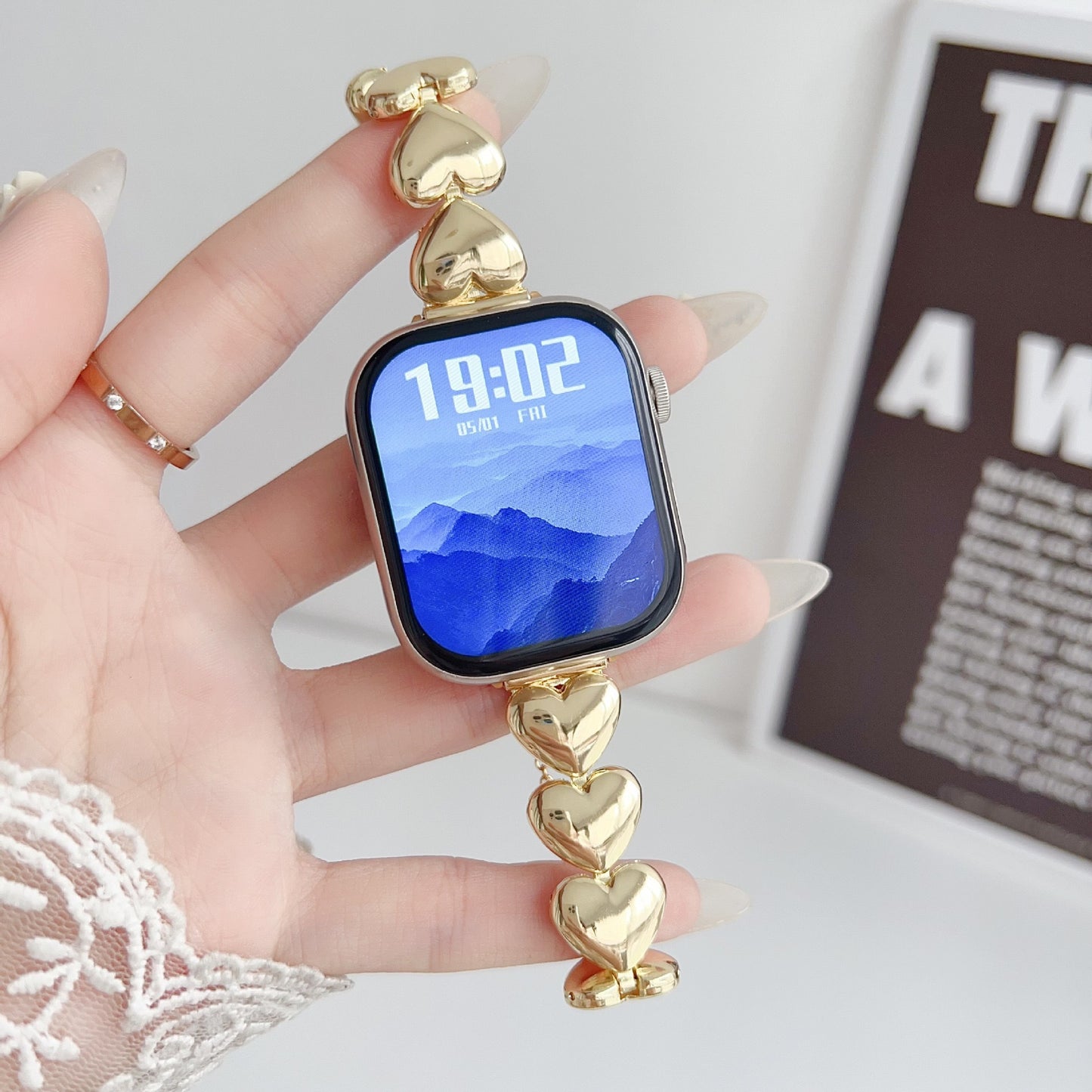 Gold Alloy Heart Shape Watch Strap Compatible With Apple Smartwatches