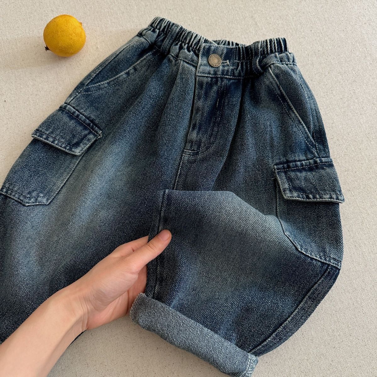 Solid Color Casual Polyester Washed Boy's Full Length Jeans Children's Pants