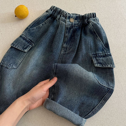 Solid Color Casual Polyester Washed Boy's Full Length Jeans Children's Pants