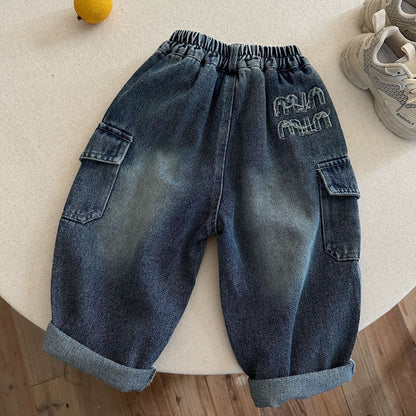 Solid Color Casual Polyester Washed Boy's Full Length Jeans Children's Pants