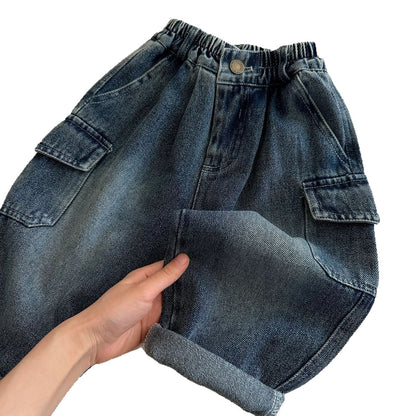 Solid Color Casual Polyester Washed Boy's Full Length Jeans Children's Pants