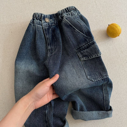 Solid Color Casual Polyester Washed Boy's Full Length Jeans Children's Pants