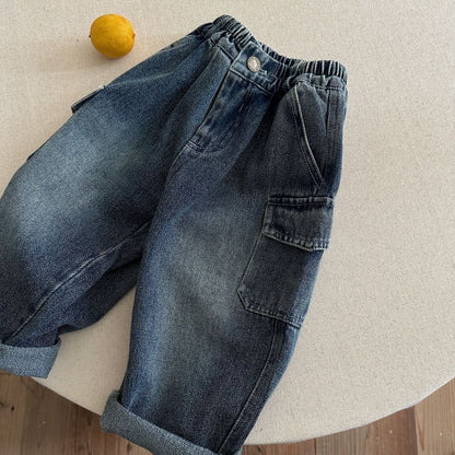 Solid Color Casual Polyester Washed Boy's Full Length Jeans Children's Pants