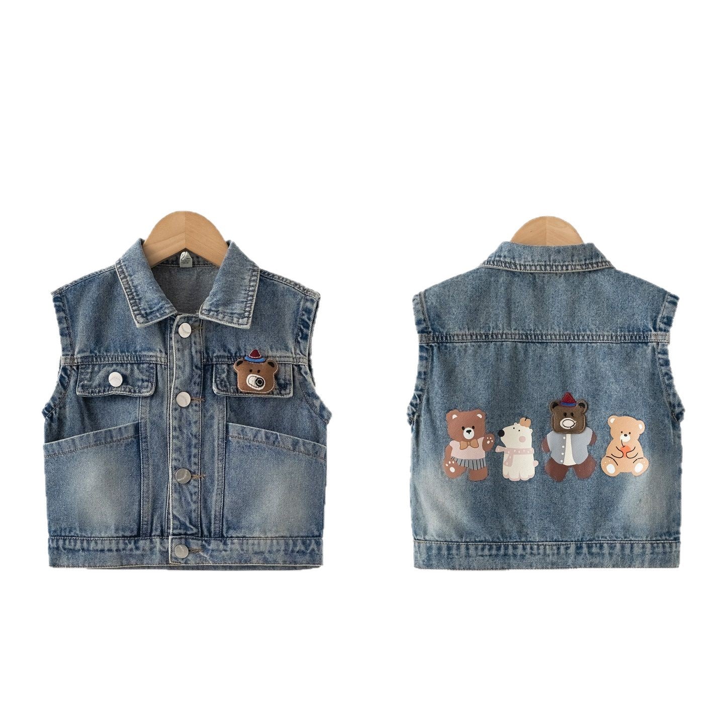 Bear Polyester Toddler Boy's Sleeveless Vest With Pocket, Single Breasted Design For Ages 3-6 Years