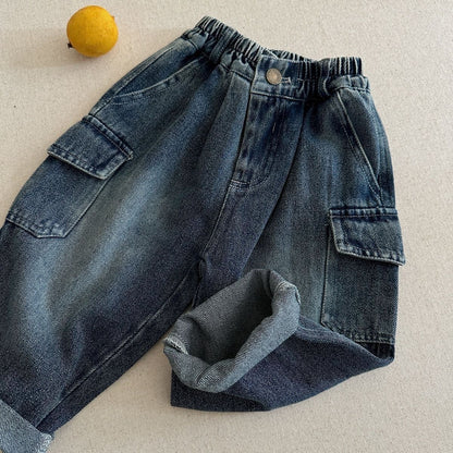 Solid Color Casual Polyester Washed Boy's Full Length Jeans Children's Pants