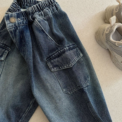 Solid Color Casual Polyester Washed Boy's Full Length Jeans Children's Pants