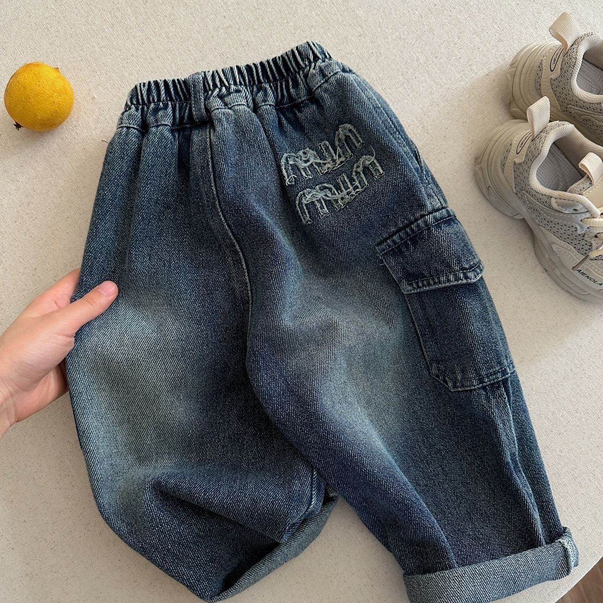 Solid Color Casual Polyester Washed Boy's Full Length Jeans Children's Pants