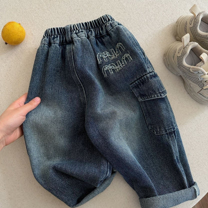Solid Color Casual Polyester Washed Boy's Full Length Jeans Children's Pants