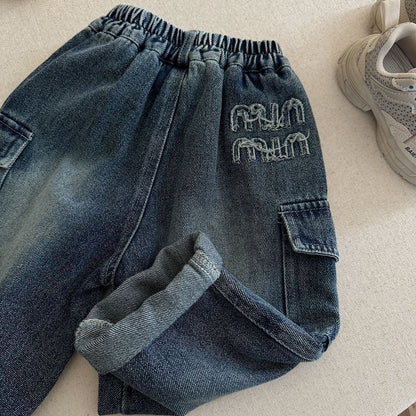 Solid Color Casual Polyester Washed Boy's Full Length Jeans Children's Pants