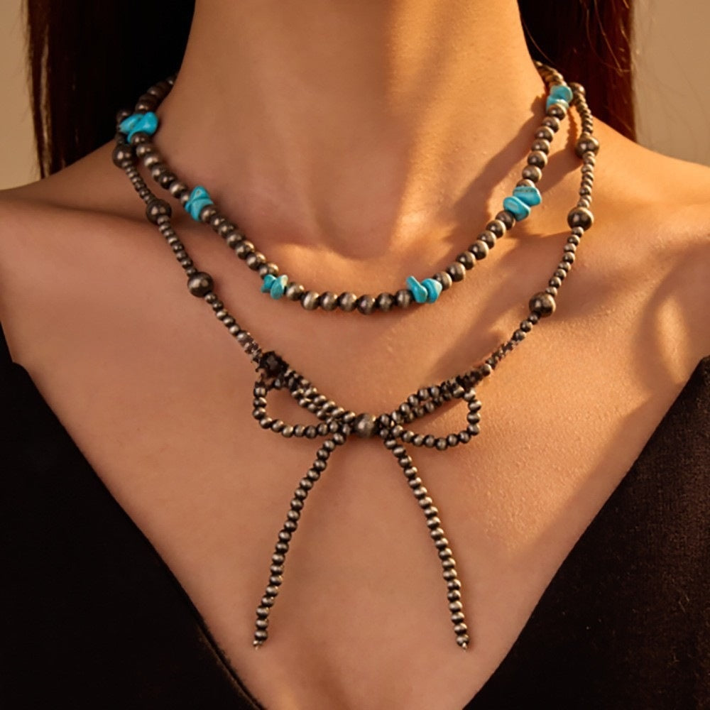 Bohemian Green Beaded Bow Tie Necklace With Ball Chain, Unisex Style