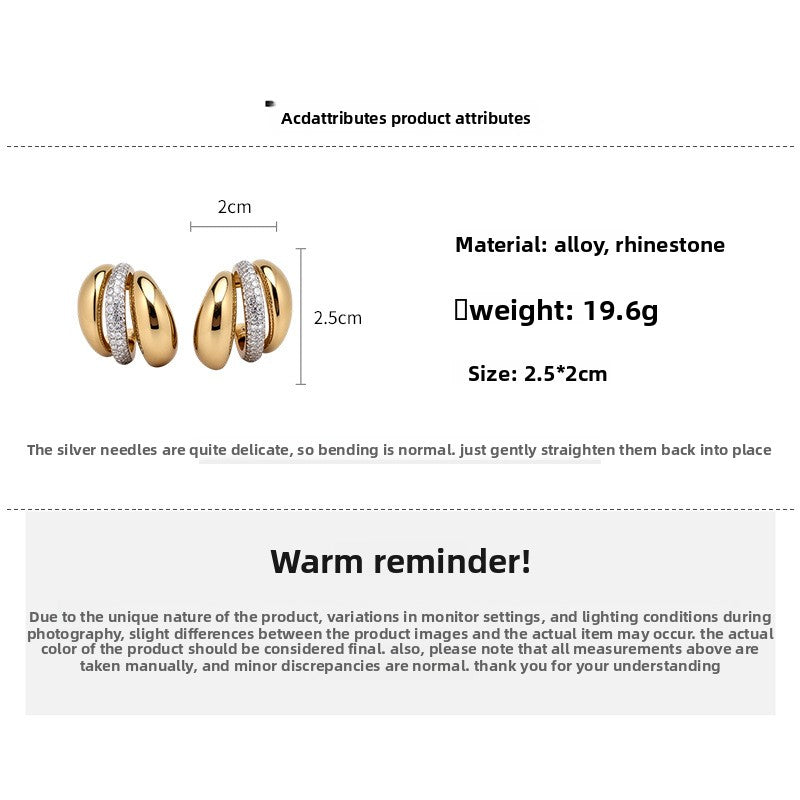 C Shape Stud Earrings For Women In Gold Alloy Featuring Rhinestones With 304 Stainless Steel Ear Pins