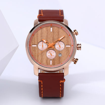 Men's Quartz Watch With Wooden Strap, Round Dial Featuring Tempered Glass And Pointer Display, Pin Buckle