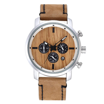Men's Quartz Watch With Wooden Strap, Round Dial Featuring Tempered Glass And Pointer Display, Pin Buckle