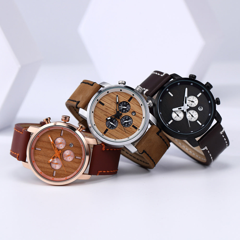 Men's Quartz Watch With Wooden Strap, Round Dial Featuring Tempered Glass And Pointer Display, Pin Buckle