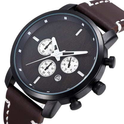 Men's Quartz Watch With Wooden Strap, Round Dial Featuring Tempered Glass And Pointer Display, Pin Buckle