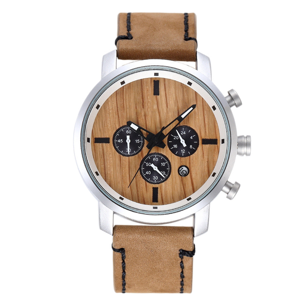 Men's Quartz Watch With Wooden Strap, Round Dial Featuring Tempered Glass And Pointer Display, Pin Buckle