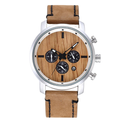 Men's Quartz Watch With Wooden Strap, Round Dial Featuring Tempered Glass And Pointer Display, Pin Buckle