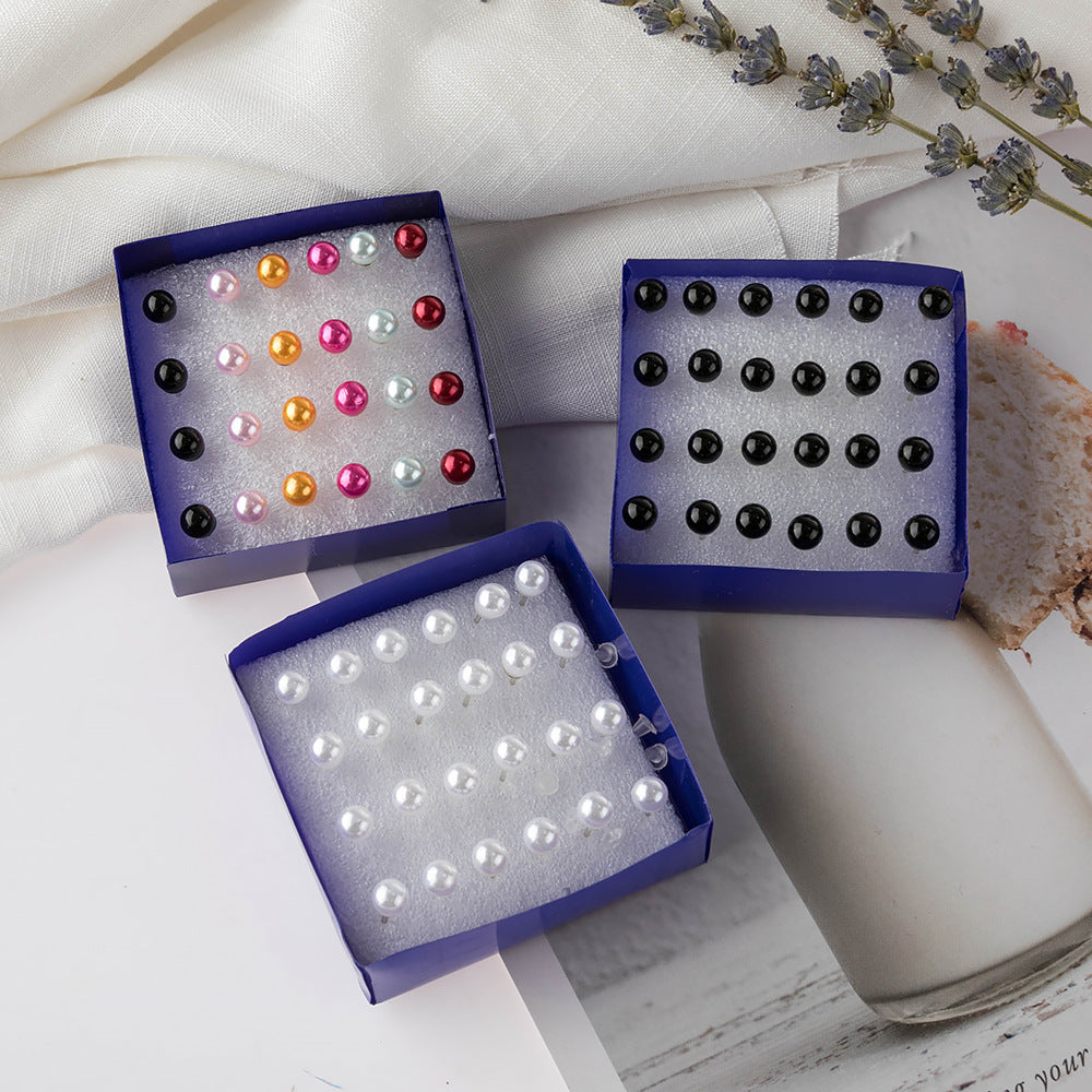 Simple Style Stud Earrings In Colour With Artificial Pearl Inlay, Made Of Plastic, 12 Pairs
