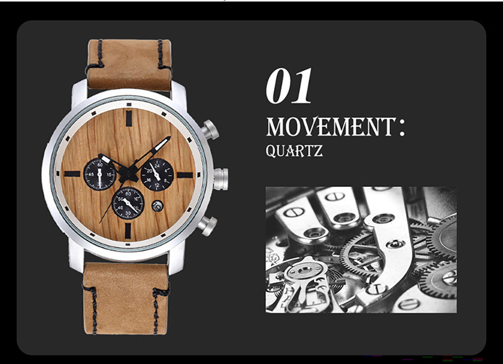 Men's Quartz Watch With Wooden Strap, Round Dial Featuring Tempered Glass And Pointer Display, Pin Buckle