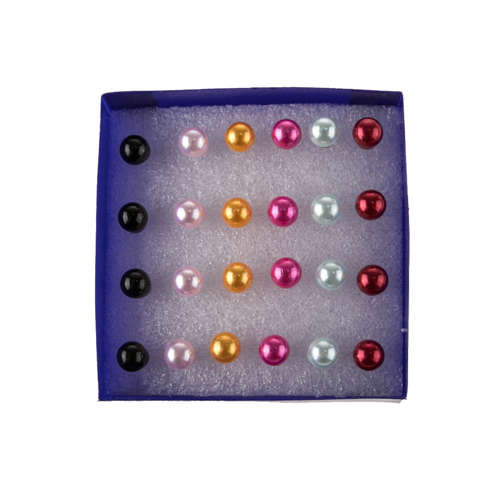 Simple Style Stud Earrings In Colour With Artificial Pearl Inlay, Made Of Plastic, 12 Pairs