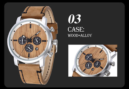 Men's Quartz Watch With Wooden Strap, Round Dial Featuring Tempered Glass And Pointer Display, Pin Buckle