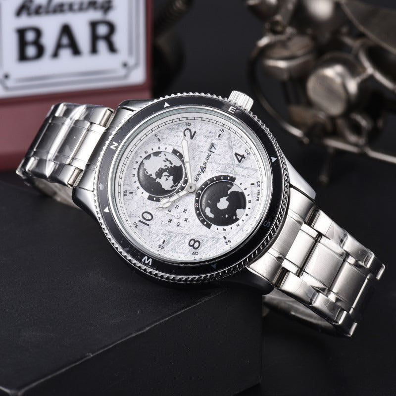 Men's Quartz Watch With Round Dial, Steel Belt Strap, Crystal Glass Mirror, And Butterfly Double Snap Buckle