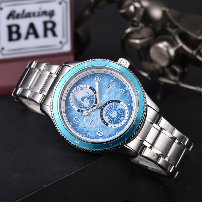 Men's Quartz Watch With Round Dial, Steel Belt Strap, Crystal Glass Mirror, And Butterfly Double Snap Buckle