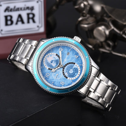 Men's Quartz Watch With Round Dial, Steel Belt Strap, Crystal Glass Mirror, And Butterfly Double Snap Buckle