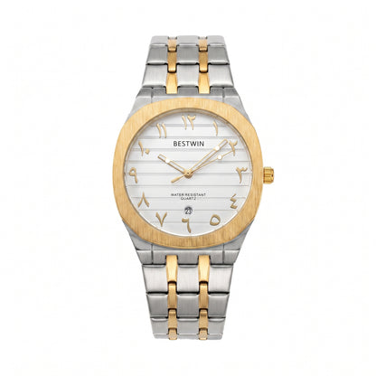 Men's Quartz Watch With Stainless Steel Strap And Round Dial Featuring Tempered Glass Mirror And Butterfly Double Snap Buckle