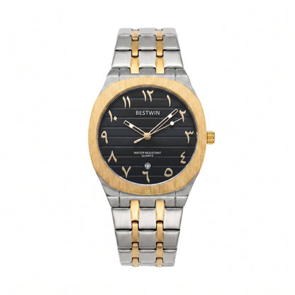 Men's Quartz Watch With Stainless Steel Strap And Round Dial Featuring Tempered Glass Mirror And Butterfly Double Snap Buckle