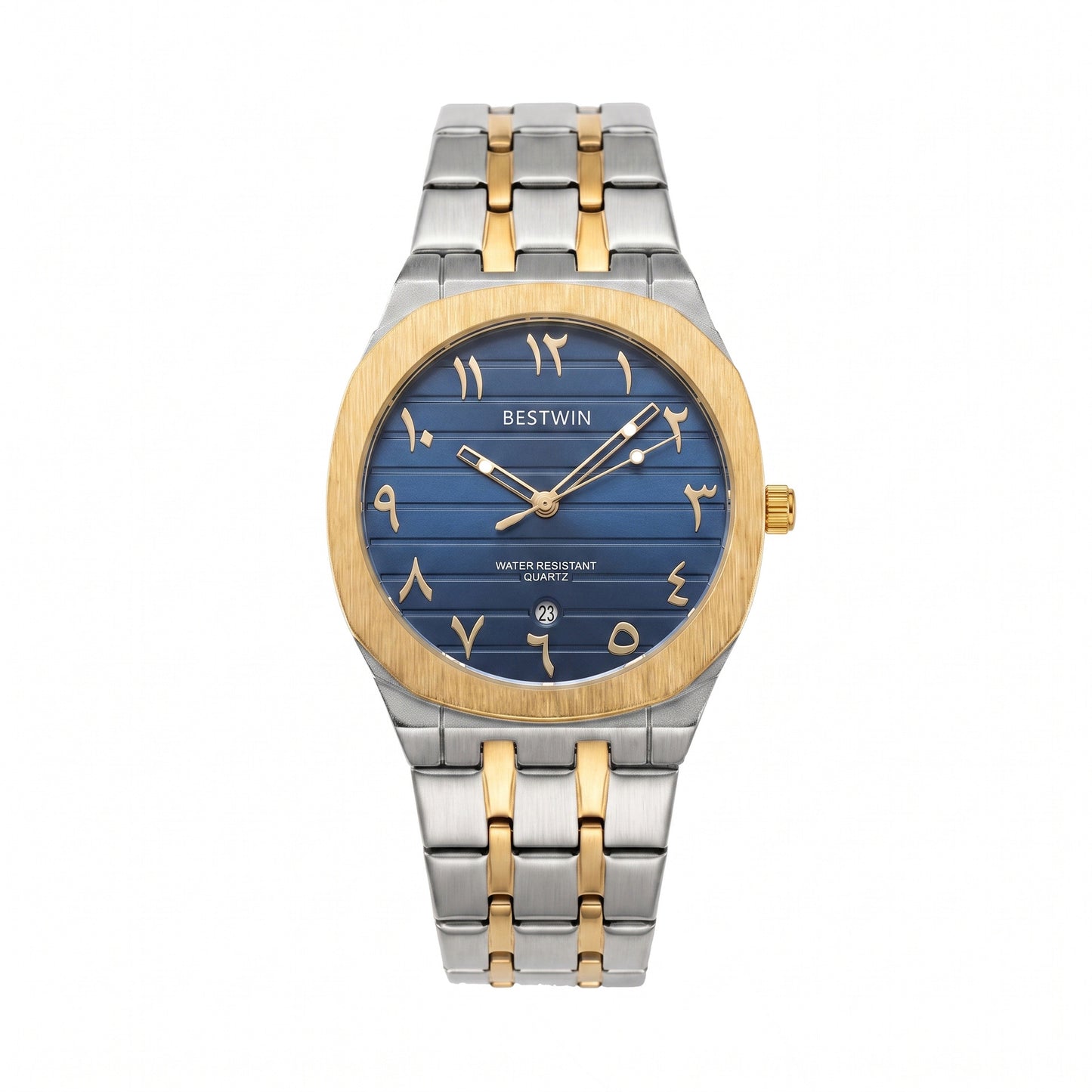 Men's Quartz Watch With Stainless Steel Strap And Round Dial Featuring Tempered Glass Mirror And Butterfly Double Snap Buckle