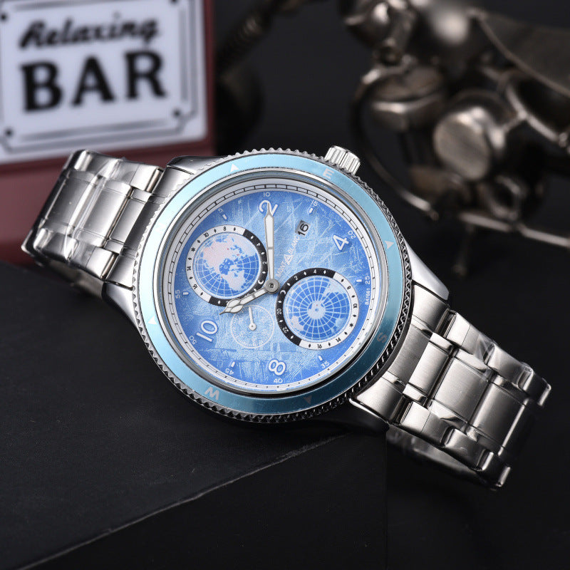 Men's Quartz Watch With Round Dial, Steel Belt Strap, Crystal Glass Mirror, And Butterfly Double Snap Buckle