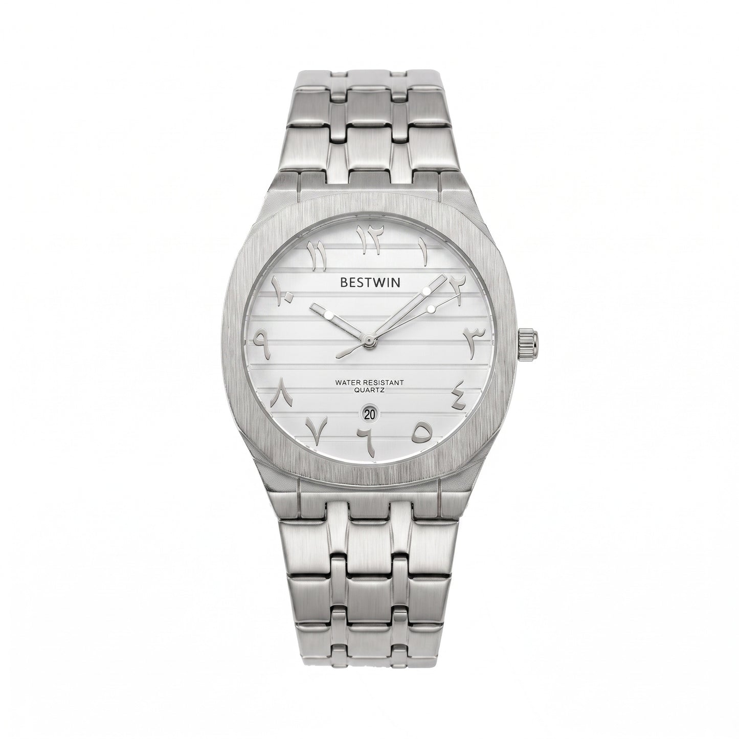 Men's Quartz Watch With Stainless Steel Strap And Round Dial Featuring Tempered Glass Mirror And Butterfly Double Snap Buckle