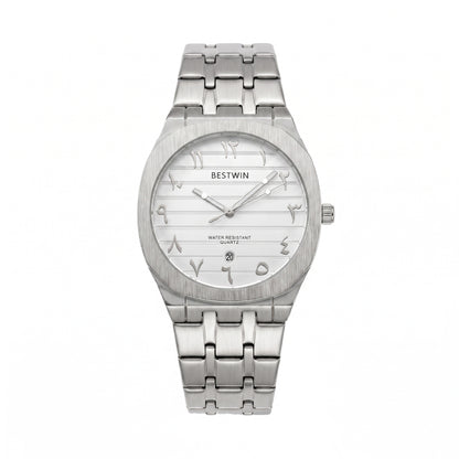 Men's Quartz Watch With Stainless Steel Strap And Round Dial Featuring Tempered Glass Mirror And Butterfly Double Snap Buckle