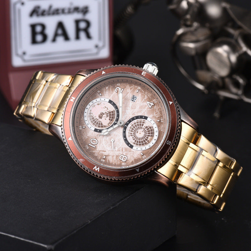Men's Quartz Watch With Round Dial, Steel Belt Strap, Crystal Glass Mirror, And Butterfly Double Snap Buckle