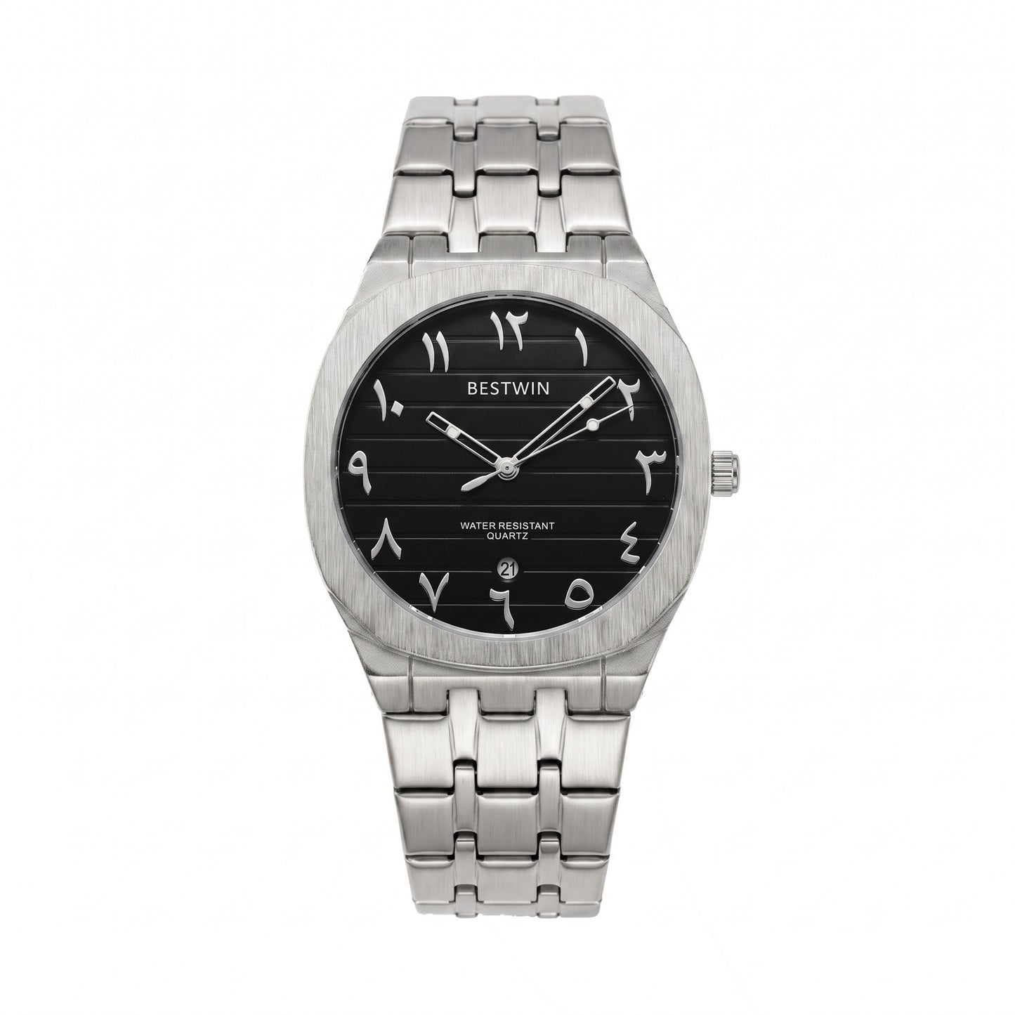 Men's Quartz Watch With Stainless Steel Strap And Round Dial Featuring Tempered Glass Mirror And Butterfly Double Snap Buckle