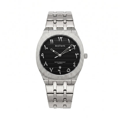 Men's Quartz Watch With Stainless Steel Strap And Round Dial Featuring Tempered Glass Mirror And Butterfly Double Snap Buckle
