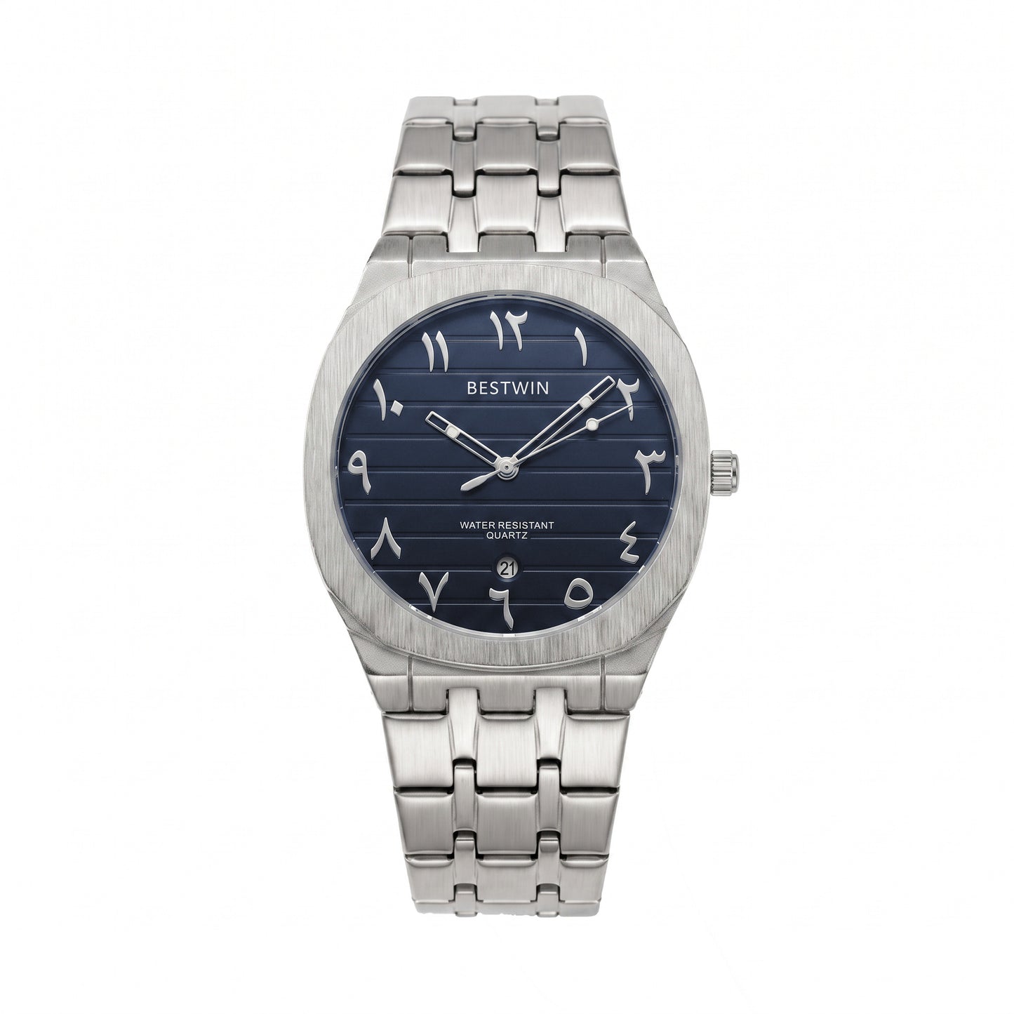 Men's Quartz Watch With Stainless Steel Strap And Round Dial Featuring Tempered Glass Mirror And Butterfly Double Snap Buckle