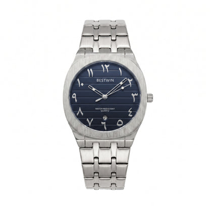 Men's Quartz Watch With Stainless Steel Strap And Round Dial Featuring Tempered Glass Mirror And Butterfly Double Snap Buckle