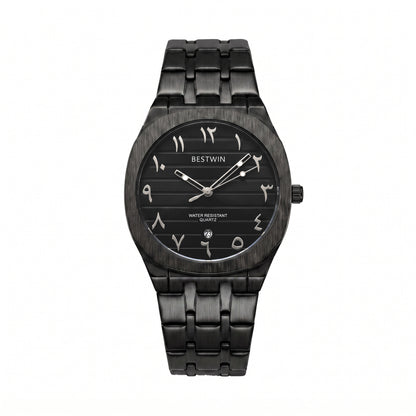 Men's Quartz Watch With Stainless Steel Strap And Round Dial Featuring Tempered Glass Mirror And Butterfly Double Snap Buckle